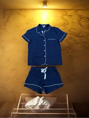 J.Crew End-on-End Cotton Pajama Short Set in Navy Size Small